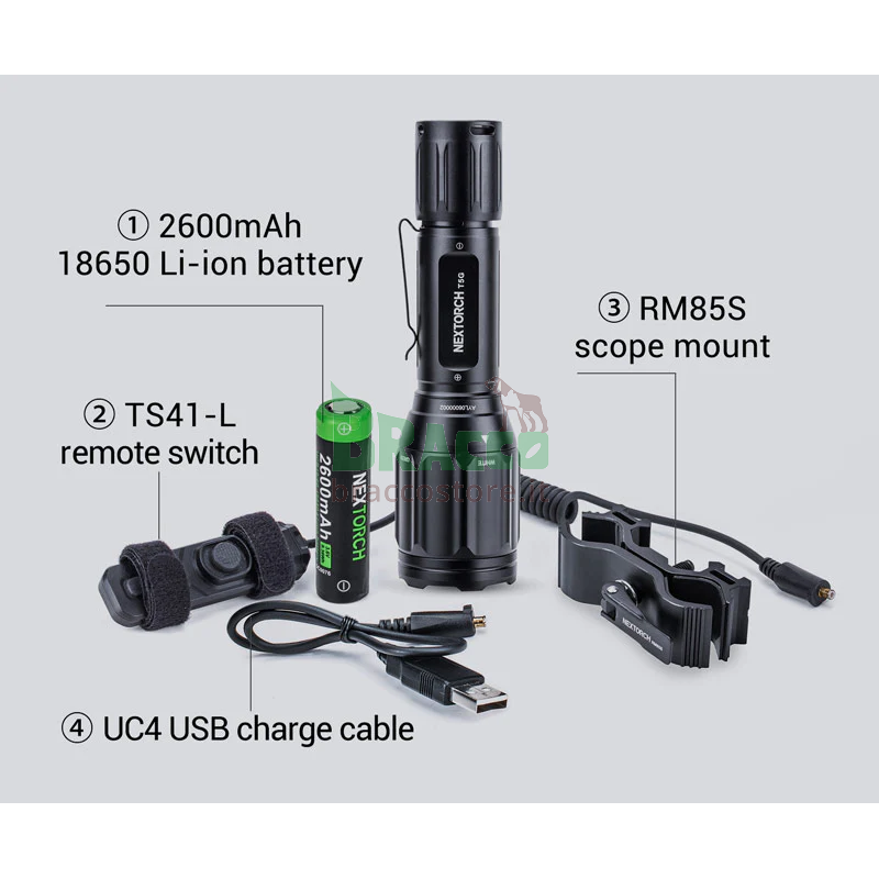 Torcia ricaricabile in set per montaggio al fucile - t5g hunting set - 1200 lumen white+170 lumen green - nextorch