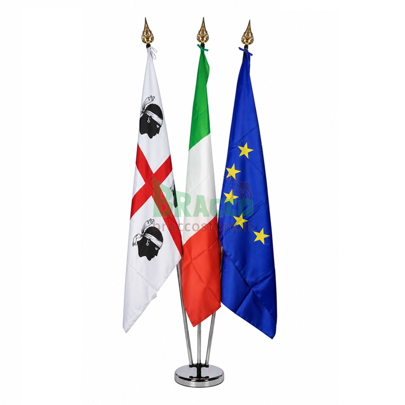 Kit Portabandiera da Interno Completo per 3 Bandiere con Base, 3 Aste da 2 Metri e Puntali in Ottone - Made in Italy