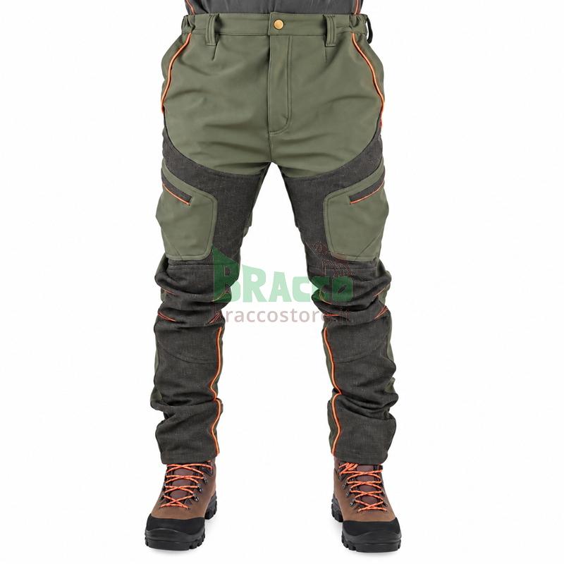 Pantalone da Caccia Softshell Stretch Verde con Rinforzi e Profili Arancio - Masseria - Art. 96 - Outlet