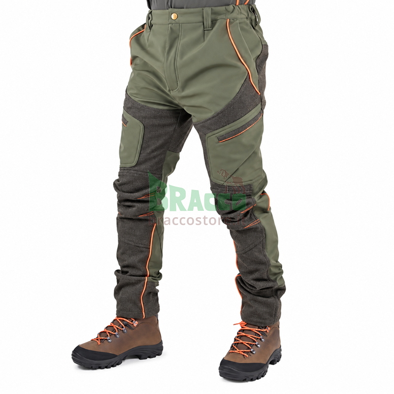 Pantalone da Caccia Softshell Stretch Verde con Rinforzi e Profili Arancio - Masseria - Art. 96 - Outlet