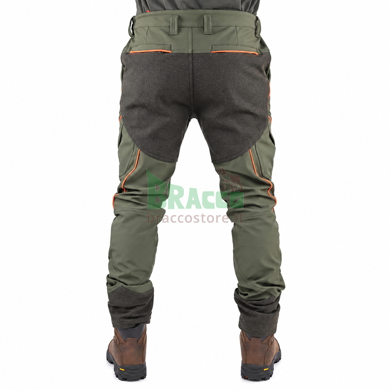 Pantalone da Caccia Softshell Stretch Verde con Rinforzi e Profili Arancio - Masseria - Art. 96 - Outlet